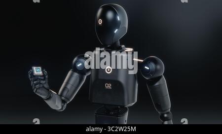 Artificial Intelligence Future Digitalization Concept: Visualization of Advanced Humanoid Robot Holding Motherboard CPU Processor with AI Symbol. Computer Microchip for Data Information Processing. Stock Photo