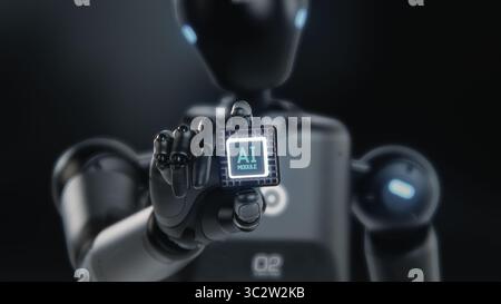 Artificial Intelligence Future Digitalization Concept: Visualization of Advanced Humanoid Robot Holding Motherboard CPU Processor with AI Symbol. Computer Microchip for Data Information Processing. Stock Photo