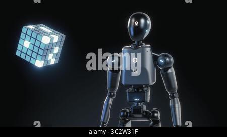 Visualization of High-Tech Humanoid Robot Interacting with Levitating Hologram of Digital Cube, Showcasing Artificial Intelligence. Futuristic Concept of Advanced Robotics, Virtual Data Digitalization Stock Photo