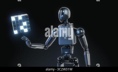 Visualization of High-Tech Humanoid Robot Interacting with Levitating Hologram of Digital Cube, Showcasing Artificial Intelligence. Futuristic Concept of Advanced Robotics, Virtual Data Digitalization Stock Photo