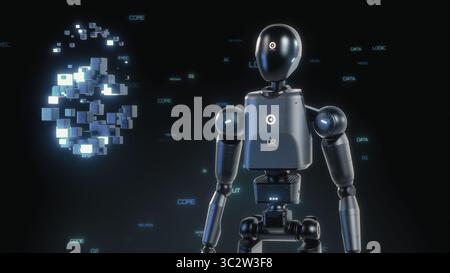 Visualization of Advanced Humanoid Robot Interacting with Hologram of Digital Cubes, Showcasing Digital Processing of Virtual Data. Futuristic Concept of High-Tech Robotics, Artificial Intelligence. Stock Photo