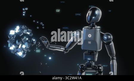 Visualization of Advanced Humanoid Robot Interacting with Hologram of Digital Cubes, Showcasing Digital Processing of Virtual Data. Futuristic Concept of High-Tech Robotics, Artificial Intelligence. Stock Photo