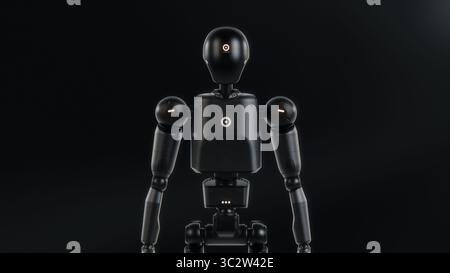 Visualization of Advanced Humanoid Robot Showing Floating Future Inscription in High-Tech Environment. Abstract and Futuristic Artificial Intelligence Technology Concept. Visual Effects Animation. Stock Photo