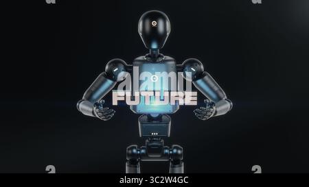 Visualization of Advanced Humanoid Robot Showing Floating Future Inscription in High-Tech Environment. Abstract and Futuristic Artificial Intelligence Technology Concept. Visual Effects Animation. Stock Photo