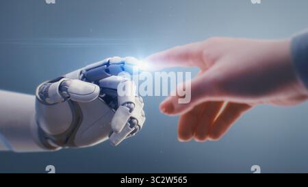 Futuristic Concept of Humanity and Artificial Intelligence Collaboration: Visualization of Humanoid Robot and Human Touching Fingertips, Creating Glowing Light. People and Robots Working Together. Stock Photo