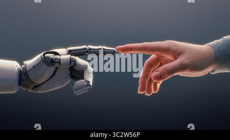 Futuristic Concept of Humanity and Artificial Intelligence Collaboration: Visualization of Humanoid Robot and Human Touching Fingertips, Creating Sparkling Light. Symbol of Technology and Innovation. Stock Photo