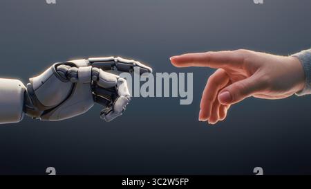 Futuristic Concept of Humanity and Artificial Intelligence Collaboration: Visualization of Humanoid Robot and Human Touching Fingertips, Creating Sparkling Light. Symbol of Technology and Innovation. Stock Photo