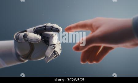 Futuristic Concept of Humanity and Artificial Intelligence Collaboration: Visualization of Humanoid Robot and Human Touching Fingertips, Creating Glowing Light. People and Robots Working Together. Stock Photo