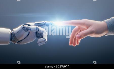 Futuristic Concept of Humanity and Artificial Intelligence Collaboration: Visualization of Humanoid Robot and Human Touching Fingertips, Creating Sparkling Light. Symbol of Technology and Innovation. Stock Photo