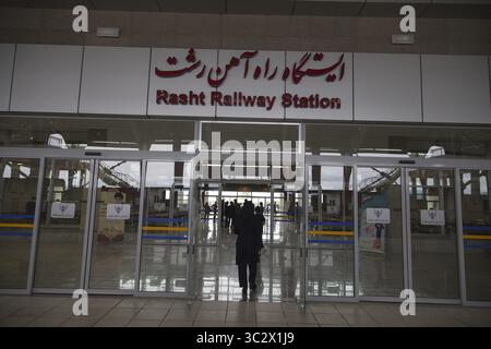 August 8, 2019, Rasht, Gilan, IRAN: A view of Rasht Railway Station in Iran. The Astara-Rasht-Qazvin railway is a transport corridor that connects existing railways of Russia, Azerbaijan and Iran. The project is carried out within the framework of the International Northâ€“South Transport Corridor. The purpose of the project is to integrate the transport and information routes of Russia, Azerbaijan, Iran and India. (Credit Image: © Rouzbeh Fouladi/ZUMA Wire) Stock Photo