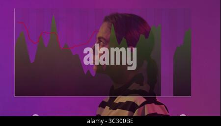 Standing female wearing striped top under purple studio lighting showing data visualization overlay Stock Photo