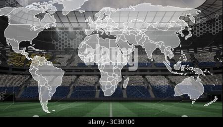 Displaying translucent overlay with white continent outlines and hexagonal grid over stadium pitch Stock Photo