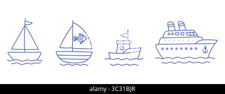 Nautical transport icons set. Sailboats, fishing boat and cruise ship. Blue line vector editable elements Stock Vector