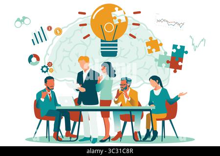 A vector illustration of Business Team Brainstorming Ideas with Light Bulb and Puzzle Concept Stock Vector