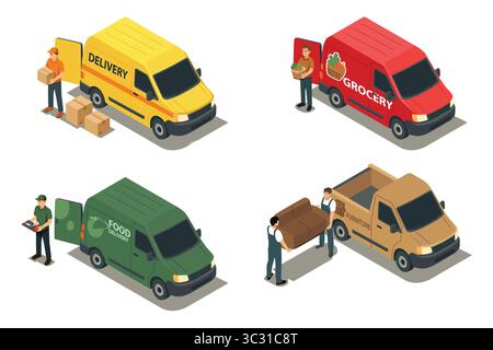 A vector illustration of Isometric Delivery Van for Package Food Grocery Furniture Stock Vector