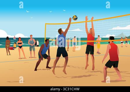 A vector illustration of Men Playing Beach Volleyball in the Summer Stock Vector