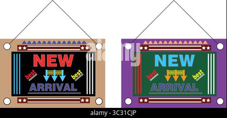 New arrival hanging banner label vector design with vibrant colors for ecommerce and product launch Stock Vector