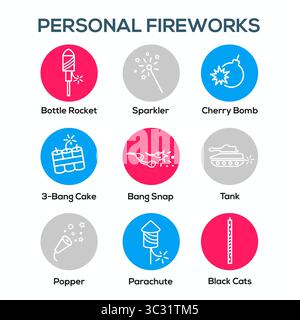 Fireworks with Independence Day Icon Set Stock Vector