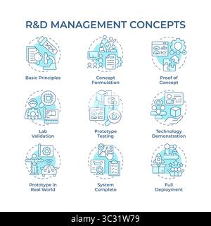 Research and development management soft blue concept icons Stock Vector