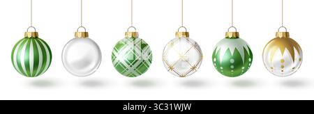 Christmas tree bauble set - green striped glass ball, white sphere, plaid emerald ornament, golden geometric design, dotted mint decoration hanging on strings. Holiday 3d ornaments for festive decor. Stock Vector