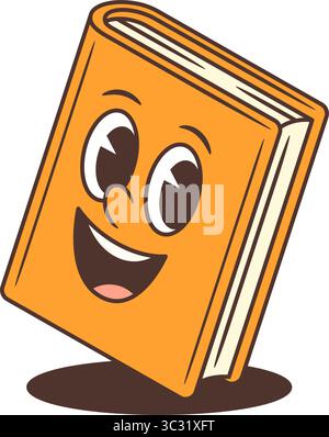 Orange cartoon book mascot with large expressive eyes and wide open-mouthed smile showing a playful tongue. Ideal for educational, children learning, Stock Vector
