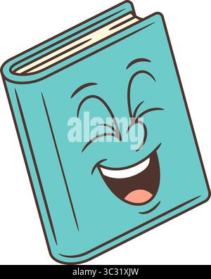 Bright turquoise cartoon book mascot with closed joyful eyes smiling mouth. Slightly tilted rectangular shape with visible cream pages. Ideal for educ Stock Vector