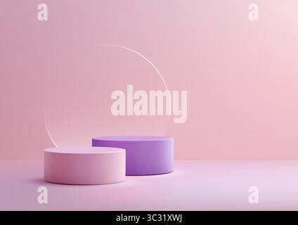 pastel toned 3D scene featuring pink and lavender cylindrical podiums with a translucent arch on a gradient surface, designed for showcasing cosmetics Stock Vector