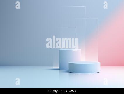 Two light blue cylindrical podiums and three translucent panels sit in a soft blue to pink gradient backdrop, designed for modern product display, bra Stock Vector