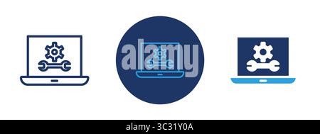 Three blue icons of a laptop with a wrench on it. The icons are arranged in a row Stock Vector