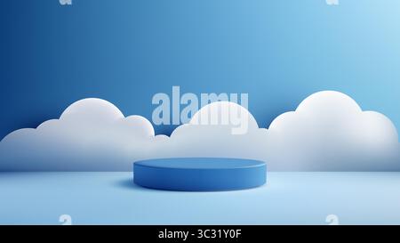 3D circular blue podium on a light blue surface beneath a dreamy sky filled with soft white clouds showcasing a product mockup in a whimsical, surreal Stock Vector