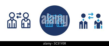 Three people are shown in a blue circle, with one person pointing to the other two. Concept of communication and collaboration between people Stock Vector