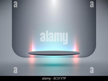 sleek 3d dark gray podium floats on reflective ground lit by blue glow and pink vertical lights in a tech inspired scene perfect for futuristic produc Stock Vector