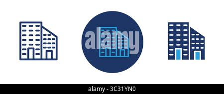 Three buildings are shown in a blue circle. The buildings are tall and have many windows Stock Vector