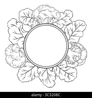Broccoli Vegetable Outline Round Frame. Stock Vector