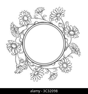 Calendula Plant Outline Round Frame. Stock Vector