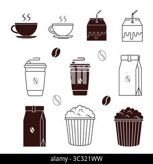 Set Of Bundle Icon Hot Cup Coffee, Paper Bag Coffee, Milk and Popcorn in Outline and Silhouette Style Vector Stock Vector