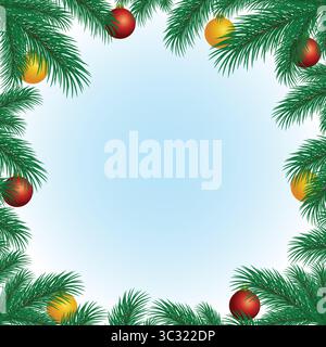 The square frame with branches of pine tree and Christmas toys. Stock Vector