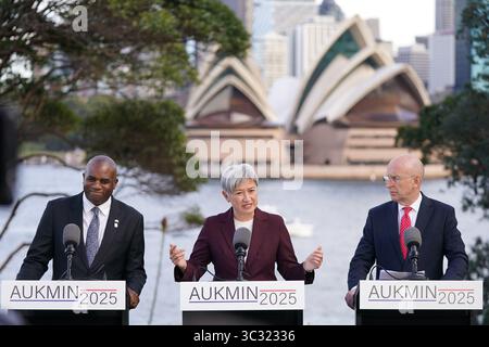 (left to right) Foreign Secretary David Lammy, Australia's Foreign Minister Penny Wong and Defence Secretary John Healey during a press conference at the Australia-UK ministerial meeting, or Aukmin, in Sydney, Australia. Picture date: Friday July 25, 2025. Stock Photo
