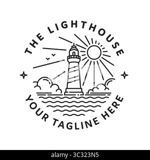 Line art logo of a lighthouse amidst clouds and waves. Stock Vector