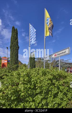 Bad Reichenhall-Kirchberg railway station, hedge, trees, flagpoles, Bavarian flag, Bad Reichenhall flag, blue sky, cirrostratus clouds, Anton-Winkler- Stock Photo