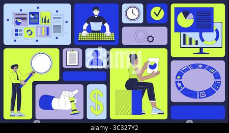 Business analytics and strategic data visualization bento grid illustration set Stock Vector