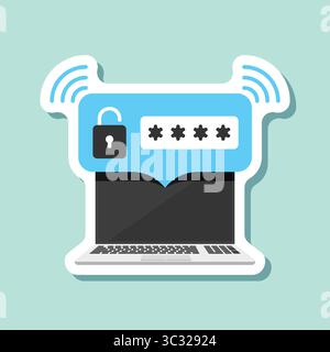 Laptop with account login sticker icon in flat style. Password form page vector illustration on isolated background. User authorization sign business Stock Vector