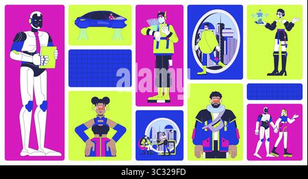 Futuristic lifestyle with technology and AI robots bento grid illustration set Stock Vector
