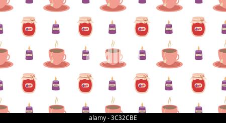 Fall pattern with cup of tea, candle Stock Vector