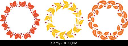 Set of autumn wreaths made of yellowed leaves and berries. Round fall border. Colorful seasonal foliage ring, vector graphic Stock Vector