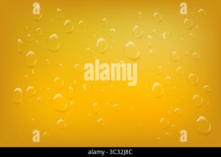 Water drops on vibrant yellow background. Ideal for beer, juice, or oil branding and summer or beverage-related visuals. Stock Vector