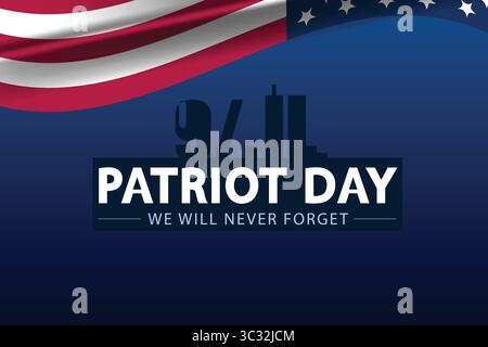 911 Memorial Design with Twin Towers and American flag Stock Vector