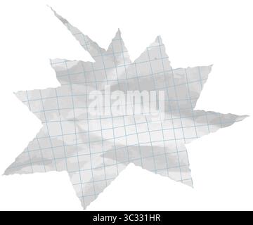 Wrinkled and crumpled torn paper star shape speech bubble with square grid. Comic-style chat tag and note texture ideal for school cutout graphics or Stock Vector