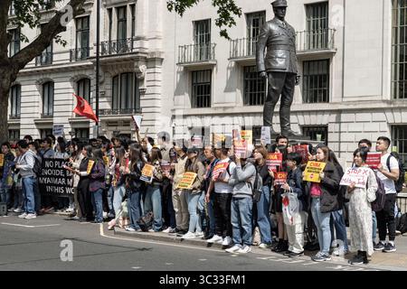London, UK - May 20, 2025 - An event took place in front of the Embassy of the People's Republic of China in London, where Myanmar protesters gathered Stock Photo