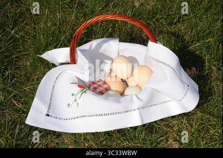 Traditional hand decorated Easter basket (Paschal basket) with eggs called swieconka on the green grass in the garden in Poland, Europe Stock Photo